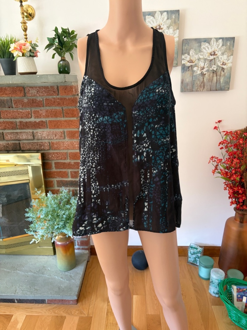 silence + noise Black Sheer Overlay Printed Camisole with Teal Accents